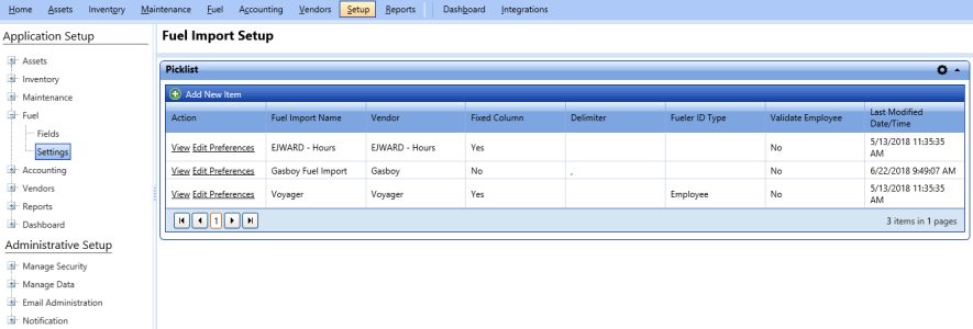 Fuel import setup page